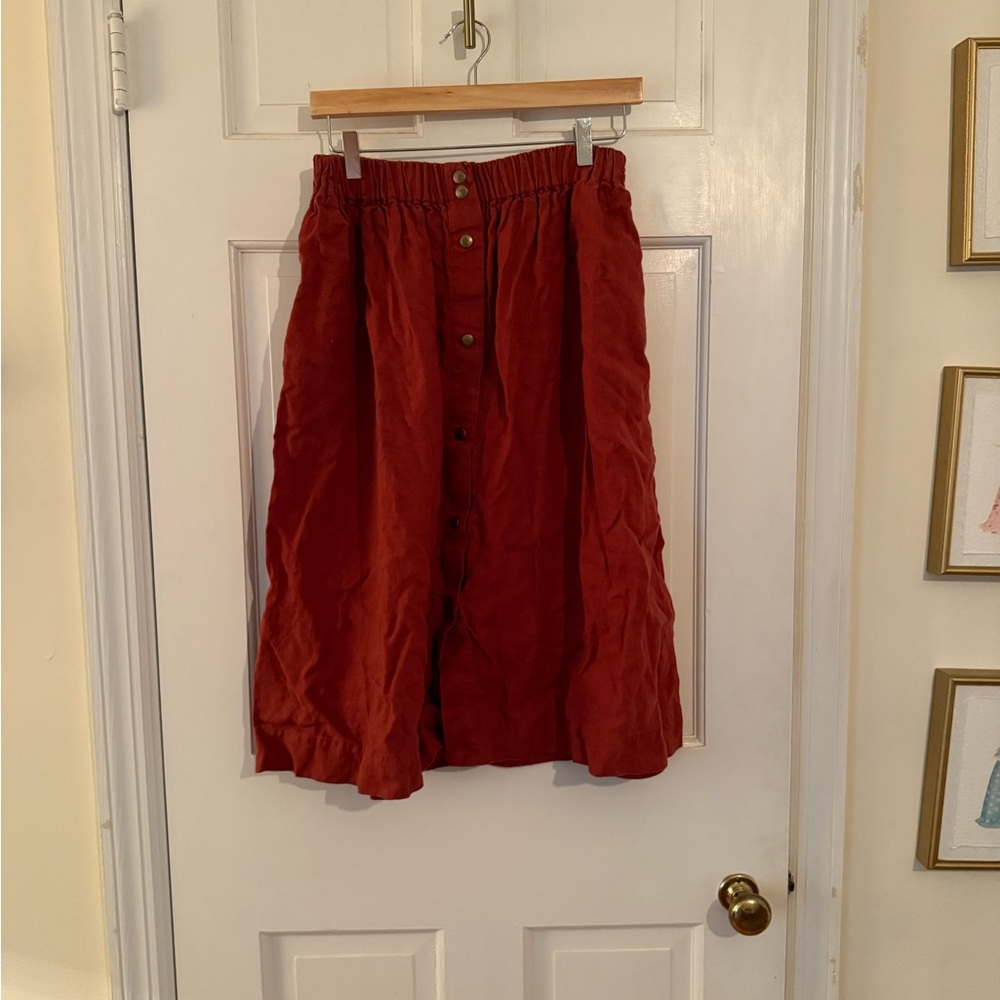 notPERFECTLINEN Red Ruched A-Line Midi Skirt